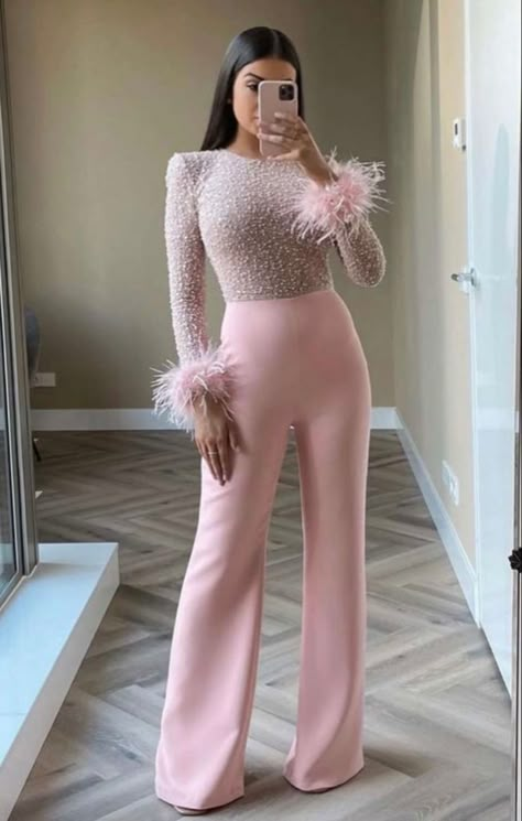 Soiree Jumpsuits For Hijab, Soiree Jumpsuits, Jumpsuit Soiree, Jumpsuit Elegant Wedding, Light Pink Jumpsuit, Prom Pants, Jumpsuit Outfit Wedding, South African Women, Jumpsuit Evening