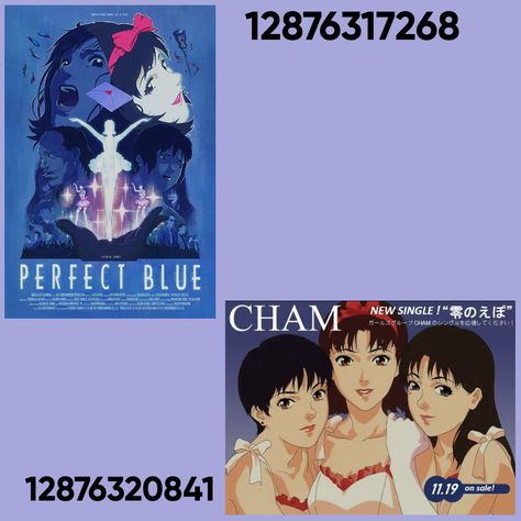 Anime Poster Bloxburg, Poster Roblox Id, Berry Avenue Codes Pictures Anime, Blue Anime Poster, Roblox Poster Codes, Perfect Blue Anime, Rh Dorm, Decals Bloxburg, Roblox Ids