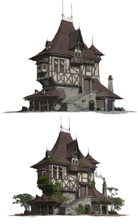 ArtStation - A folk house design, pengzhen zhang Medieval Houses Architecture, House Reference, Medieval Home Concept Art, Medival Building Concept Art, Small Medieval House Concept Art, Medieval Farmhouse Concept Art, Medieval Houses, Building Concept, Building Art