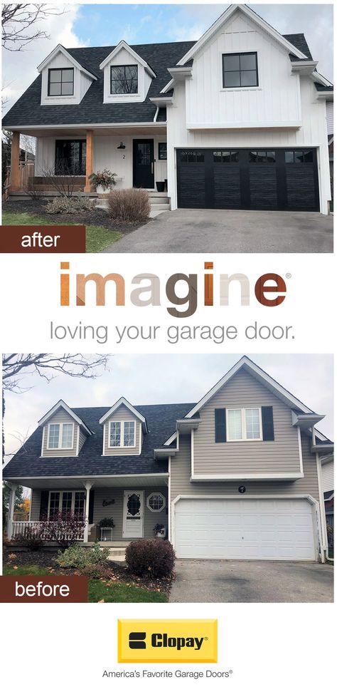 White Siding Exterior, White Board And Batten Siding, Modern Farmhouse Makeover, White Board And Batten, Faux Wood Garage Door, Carriage House Garage Doors, Garage Door House, 90s House, Garage Door Windows