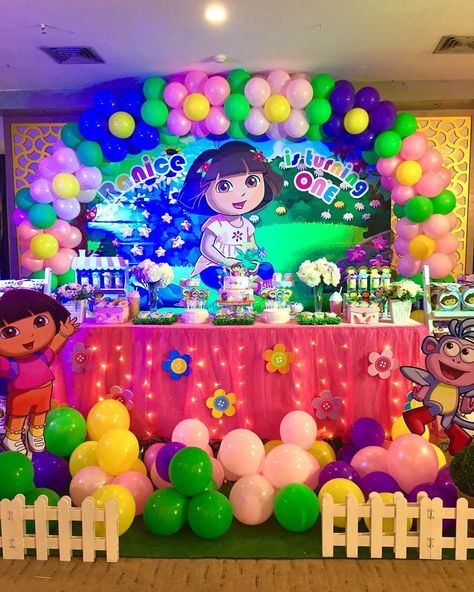 Dora birthday party is very colorful. Dora is a very helpful cartoon character. Like her, we want to help you with the birthday party. Let's go to the... Dora 1st Birthday Party, Dora Party Decorations, Dora Birthday Theme, Dora The Explorer Birthday Party Ideas, Dora First Birthday Party, Dora Party Ideas, Dora Birthday Party Ideas Decoration, Dora Themed Birthday Party, Cartoon Birthday Theme