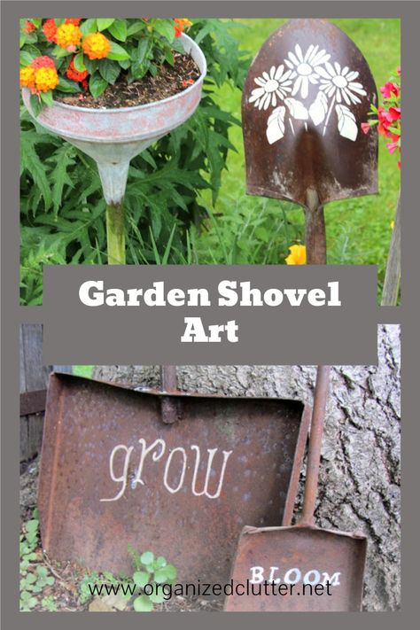 Shovel Handle Repurposed, Crafts Using Old Shovels, Rusty Garden Decor, Painting On Old Shovels, Shovel Garden Art, Old Shovel Head Ideas, Pitchfork Repurposed, Old Shovels Ideas Yard Art, Shovel Decor