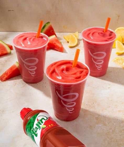 Jamba has got us covered for summer with two new flavors of watermelon smoothies and the return of an old favorite. The new flavors are Watermelon Lemonade and Watermelon Tajin, which join the classic summertime offering, Watermelon Breeze. All three of these creamy beverages include watermelon-flavored grape juice and raspberry sherbet blended wit... Jumba Juice, Watermelon Tajin, Watermelon Breeze, Jamba Juice Recipes, Jamba Juice Smoothies, Juice Watermelon, Watermelon Smoothie Recipes, Raspberry Sherbet, Breakfast Party Foods