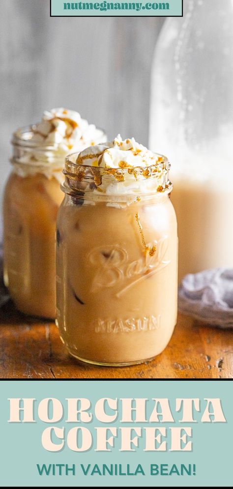 This homemade iced horchata coffee combines homemade horchata made with lots of vanilla beans and cinnamon with cold brew coffee. It's light and refreshing and perfect for iced coffee lovers! Horchata Coffee Recipe, Horchata Coffee, Homemade Horchata, Horchata Recipe, Homemade Iced Coffee, Iced Coffee Drinks, Cinnamon Coffee, Vanilla Beans, Coffee Recipe