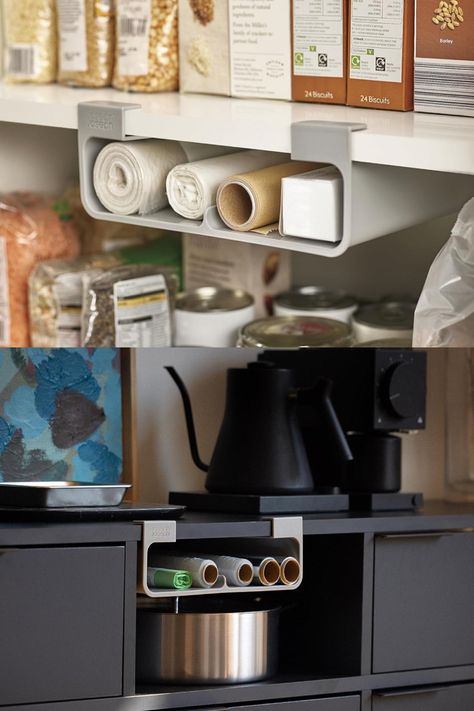 Under shelf cupboard storage. Great to store cling film, foil and bin bags. Great space saving idea if you have limited cupboard storage space. Tin Foil Storage Ideas, Foil And Baggie Storage, Aluminium Foil Storage Ideas, Cling Film Storage, Airing Cupboard Organisation With Boiler, Small Boiler Cupboard Storage, Kitchen Roll Holder Under Shelf, Under Shelf Storage, Bag Organiser