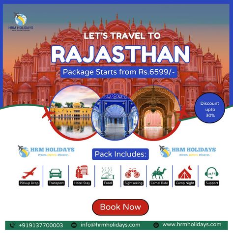 🏰 Discover the Royal Charm of Rajasthan! 🌟 Get ready to explore the land of kings, where every corner tells a story of grandeur and heritage. Rajasthan is a treasure trove of majestic palaces, vibrant culture, and breathtaking landscapes. With HRM Holidays, you can experience the best of Rajasthan with our exclusive packages starting from just Rs. 6,599/-! Enjoy up to 30% discount and immerse yourself in the royal experience. Our package includes: 🚖 Pickup & Drop 🚗 Comfortable Transport 🏨 ... Travel Instagram Post, Singapore Tour Package, Rajasthan Travel, Maldives Tour, Rajasthan Tour, Dubai Tour, Vietnam Tours, Photo Collage Maker, Honeymoon Packages