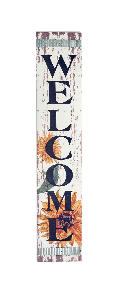 Distressed wood. Corrugated galvanized tin accents. Sawtooth hardware in the back for hanging. Worth Imports Sunflowers Free Standing Decoration Sign | 8931 Sunflower Welcome Sign, Indoor Fall Decor, Front Door Porch, Front Porch Signs, Porch Wall, Porch Welcome Sign, Diy Wood Signs, Metal Planters, Sign Wall