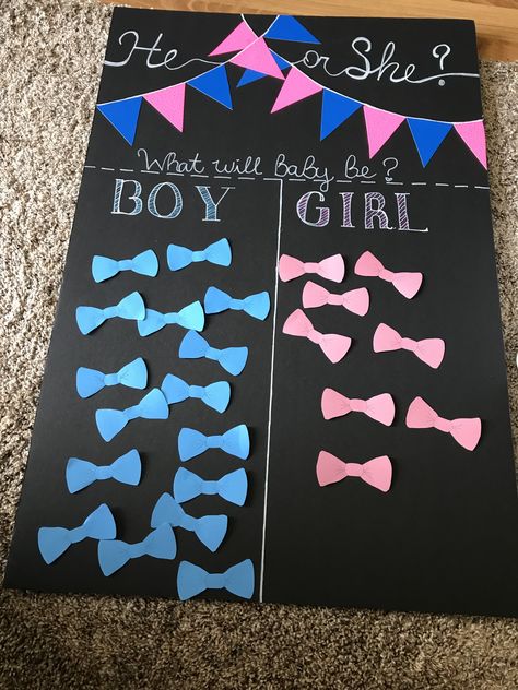 Gender Reveal Tally Board, Gender Revile Ideas, Gender Reveal Board Ideas, Gender Reveal Guess Ideas, Gender Reveal Simple Ideas, Gender Reveal Party Activities, Gender Reveal Decorations Diy, Diy Gender Reveal Ideas, Gender Reveal Board