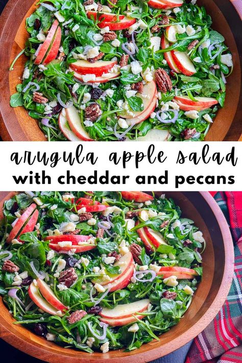 Arugula, apples, pecans and cranberries ion a white plate. Arugula Apple Salad, Winter Salad Ideas, Fall Side Dishes, Fall Salad Recipes, Easy Christmas Appetizers, Homemade Cider, Thanksgiving Salad Recipes, Easy Holiday Side Dishes, Winter Side Dishes