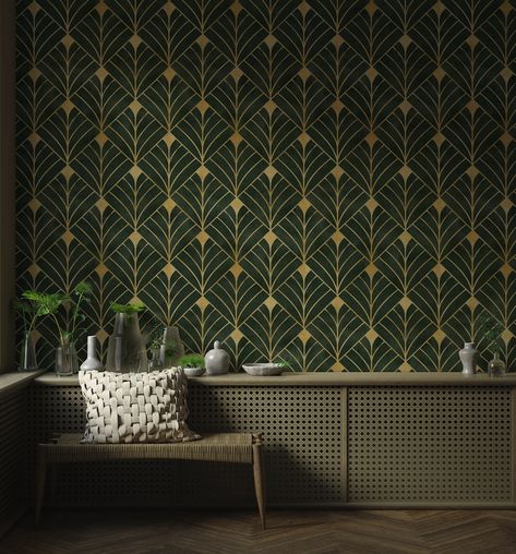 Wallpaper Art Deco, Green Art Deco, Deco Wallpaper, Art Deco Bathroom, Deco Bathroom, Salon Suites, Art Deco Wall, Temporary Wallpaper, Art Deco Wallpaper