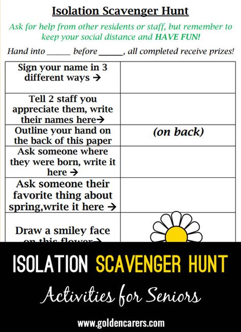 Isolation Scavenger Hunt: I've created a brief scavenger hunt for the residents to complete on their own (between being in their rooms and meal times). I've created a brief scavenger hunt for the residents to complete on their own (between being in their rooms and meal times). Nursing Home Scavenger Hunt, Teletherapy Scavenger Hunt, Therapeutic Scavenger Hunt, Virtual Scavenger Hunt Ideas For Work, Virtual Scavenger Hunt For Adults Work, Senior Center Activities, Assisted Living Activities, Word Ladders, Nursing Home Activities