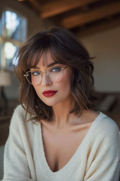 This Fall haircut combines sophistication with an edge, showcasing blunt bangs that frame the face beautifully. The hairstyle is perfect for those who love to wear glasses, adding an intellectual flair to the look. Paired with bold red lipstick, this cut emphasizes facial features while offering a classic yet modern twist. Facial Frame Haircut, Bangs With Side Parting, Professional Hairstyles With Bangs, Fringe Hairstyles Glasses, Face Frame Highlights With Bangs, Short Fall Hair With Bangs, Bangs Hairstyles With Glasses, Glasses And Bangs Haircuts, Round Face Bangs Short Hair