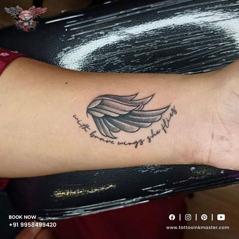 With Brave Wings She Flies Tattoo, Fly High Tattoo, With Brave Wings She Flies, Sky Tattoos, Flying Tattoo, Tattoo Maker, Brave Wings, A Wing, Ink Master