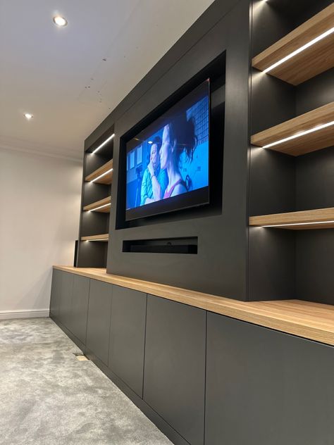 A massive transformation of the living room. Made to measure media walls by DEVIN Furniture LTD Media Wall Shelves, Wall With Fireplace, Tv Wall Design Luxury, Media Wall Unit, Wall Unit Designs, Feature Wall Living Room, Media Room Design, Luxe Living Room, Living Room Wall Units