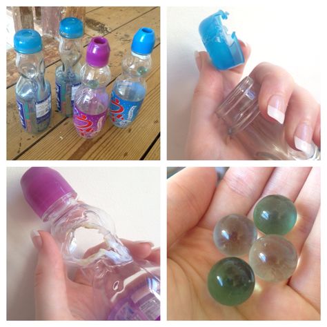 How to remove the marble from a Ramune (Japanese lemonade) bottle It depends if the bottle is glass or plastic. I've done it with both and find them quite easy. With the plastic ones you need a lighter and a screwdriver. Melt the plastic and use a flathead screwdriver to pat down the plastic til a hole is big enough to get the marble out of. With the glass ones you also need a craft knife. Melt the lid and cut the top. Then use the screwdriver to pry the lid off. They're cute to collect! Ramune Bottle Crafts, Ramune Bottle, Lemonade Bottle, Melted Plastic, Upcycling Ideas, Craft Knife, The Marble, Soda Bottles, Fun Craft