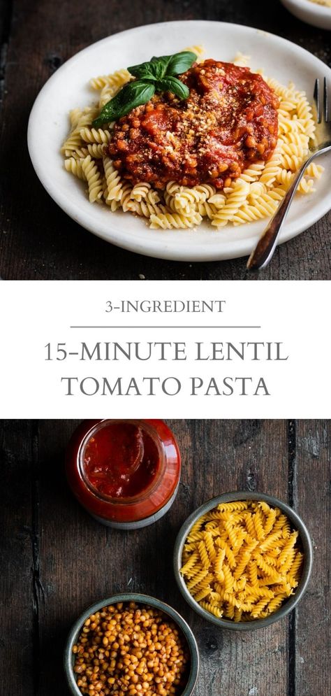 15-minute lentil tomato pasta. A quick, easy and nutritious weeknight dinner recipe made with 3 ingredients. All you need is pasta, canned lentils and your favorite store-bought pasta sauce. The lentils add fiber and protein, plus make the sauce hearty and filling. | Nourished by Caroline #pasta #lentils #pastarecipes #lentilrecipes #lentilpasta #vegan #veganrecipes #weeknightrecipes #weeknightdinner #healthyrecipes #healthydinner #vegandinner Lentil Pasta Recipe, Lentil Dinner, Tomato Lentils, Tomato Basil Pasta Sauce, Basil Pasta Sauce, Canned Lentils, Lentil Pasta, Dried Lentils, Pasta Ingredients