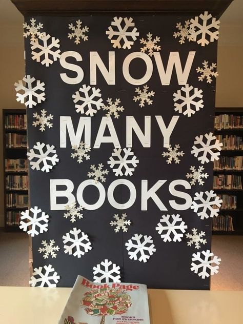 Snow many books. Library display. Bulletin board. Winter reads. Winter Bulletin Boards Library, Library Holiday Displays, Christmas Bulletin Board Ideas Library, Library Christmas Bulletin Boards, Library Christmas Decorations, Library Bulletin Board Ideas, Christmas Library Display, Bulletin Board Winter, Poetry Bulletin Board