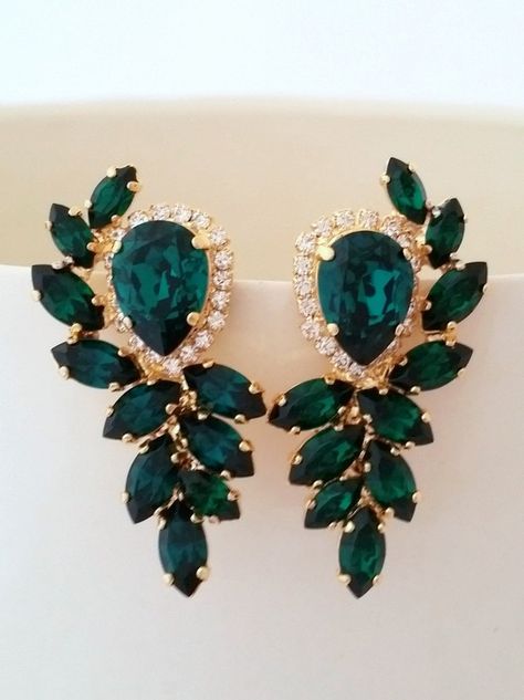 Gold Ear Jacket, Inexpensive Jewelry, Large Stud Earrings, Earrings Emerald, Ear Jacket Earring, Earrings Crystal, Swarovski Crystal Earrings, Emerald Earrings, Swarovski Earrings