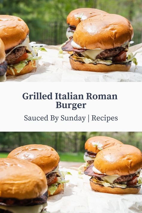 Grilled Italian Roman Burger. Talk about #BurgerGoals. Sink your teeth into this juicy piece of perfection this summer! Follow me @saucedbysunday, click the link to my website, and search "Grilled Italian Roman Burger" to find the complete recipe. Mr Hero Roman Burger Recipe, Italian Burger Recipe, Roman Burger Recipe, Roman Burger, Caprese Burger, Awesome Sandwiches, Italian Burger, Charcoal Grilling, Sandwhich Recipes