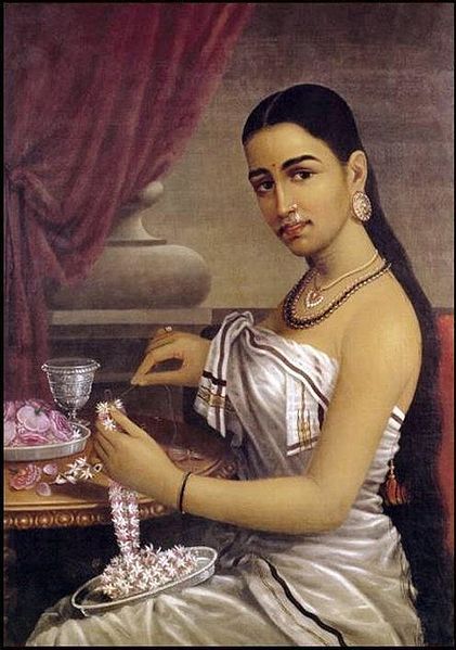 Lady with Flower Garland by Raja Ravi Varma (1848-1906) Ravivarma Paintings, Lovely Paintings, Ravi Varma, Raja Ravi Varma, India Painting, Almond Shaped Eyes, History Project, Indian Painting, Indian Artist