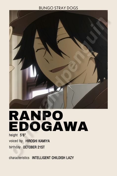 Ranpo Edogawa from Bungo Stray Dogs Made by @bunnyandpenguin Minimalist Anime Poster Polaroid | DONT REPOST WITHOUT CREDIT OR USE FOR PROFIT Bungo Stray Dogs Characters Names, Bsd Characters Name, Edogawa Ranpo, Anime Character Names, Bungou Stray Dogs Characters, Anime Printables, Character Names, Stray Dog, Bungo Stray Dogs