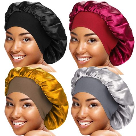 4 Pieces Wide Band Satin Cap Sleep Bonnet Soft Night Sleep Hat for Women : Amazon.co.uk: Beauty Makeup Cleaning, Sleep Bonnet, Sleep Hairstyles, Silk Bonnet, Band Hair, Satin Bonnet, Hair Elastic, Hair Bonnet, Lost Hair