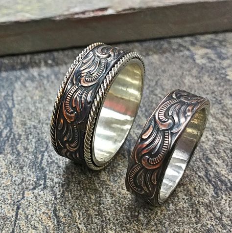 Western Rings Engagement Men, Matching Western Wedding Rings, Western Wedding Rings For Him, Western Rings For Men, Mens Western Wedding Ring, Mens Western Rings, Country Rings Engagement, Cowboy Wedding Rings, Western Wedding Ring Sets