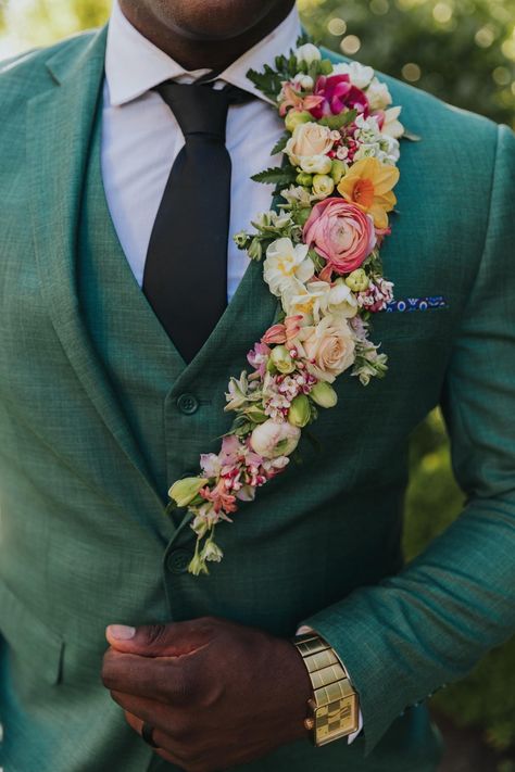 Floral Mens Outfit, Eclectic Mens Wedding Attire, Floral Lapel Groom, Unique Groom Attire Vintage, Floral Lapel Wedding, Non Traditional Wedding Suit, Flower Grandma Wedding, Non Traditional Groom Attire, Colorful Groomsmen Attire