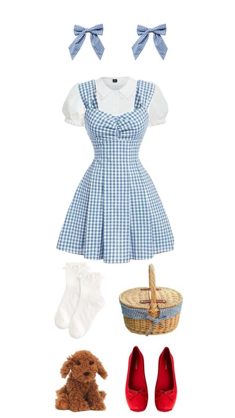 dorothy wizard of oz costume #outfitinspo #halloween #costume #dorothy #wizardofoz #movies #outfit #halloweencostume #aesthetic #fyp #popular #viral #shufflefyp Dorothy Wizard Of Oz Costume, Dorthy Costume, Wizard Of Oz Dorothy Costume, Dorothy Halloween, Indiana Jones Costume, Dorothy Halloween Costume, Wizard Of Oz Costume, School Halloween Costumes, Oz Costume