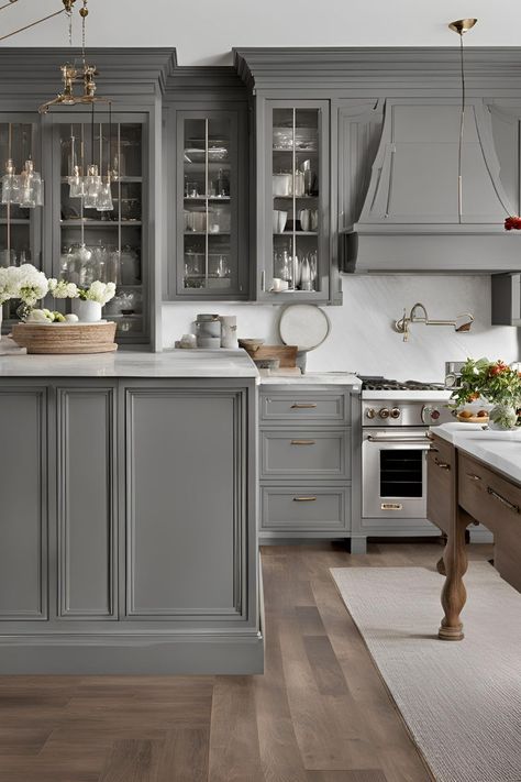 Elegant Gray Kitchen Cabinets with Top Grey Paint Colors, custom moldings, Colors For Kitchen Cabinets, and marble countertops Benjamin Moore Oxford Gray, Gray Kitchen Ideas, Benjamin Moore Kitchen, Best Wall Paint, Best Gray Paint, Gray Kitchen Cabinets, Best Gray Paint Color, Light Gray Cabinets, Wooden Countertops