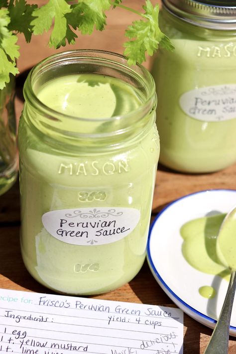 Frisco's Peruvian Green Sauce – The Fountain Avenue Kitchen Peruvian Green Sauce Recipe, Peruvian Green Sauce, Aji Sauce, Green Sauce Recipe, South American Dishes, Peruvian Chicken, Peruvian Restaurant, White Sauce Recipes, Homemade Mayonnaise