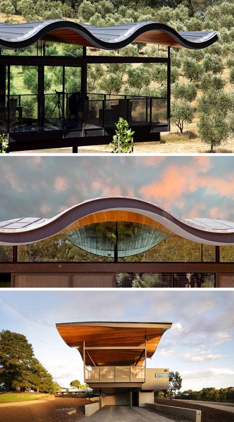 This modern house in Australia features a sculptural and wavy roof made from metal and wood, that's been designed to mimic the rolling hills surrounding the home. Wavy Roof, Landscaping Around House, Australian House, Pavilion Architecture, Fibreglass Roof, Timber Roof, Roof Architecture, Organic Architecture, Diy Pergola