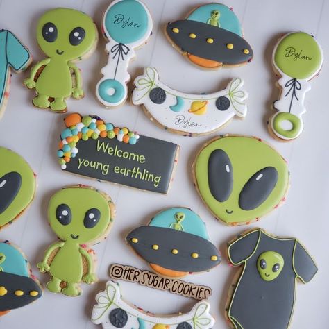 check out my Instagram for more great decorated cookies! @hersugarcookies Alien Cookies, Decorated Sugar Cookies, Sugar Cookies Decorated, Decorated Cookies, 1st Bday, Cookie Decorating, Sugar Cookies, Sugar Cookie