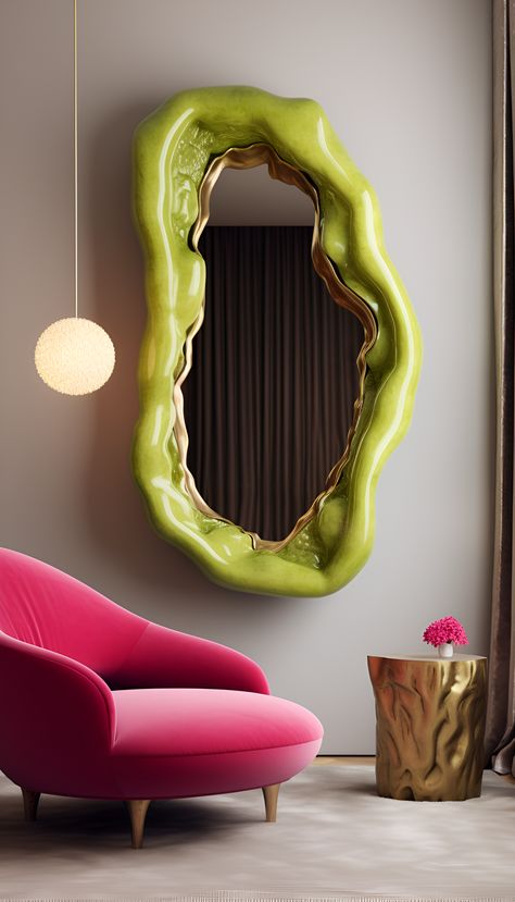 Chartreuse Blob Mirror in AI interior. Here is a blob mirror home interior idea 🥰 #modernfurniture #wallart #allmirror #mirror #modernmirror #wallart Funky Mirror Ideas, Mirror Wall Panel, Blob Mirror, Mirrors Diy, Unusual Mirrors, Blob Mirrors, Funky Mirrors, Glam Mirror, Unique Mirrors