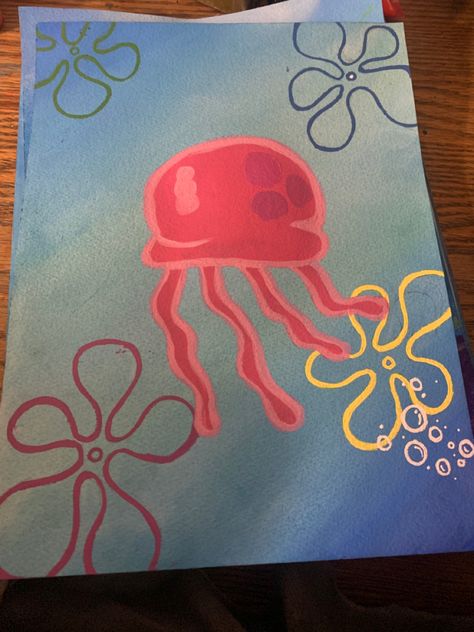 Spongebob Jellyfish Painting, Spongebob Jellyfish Painting Canvas, Small Canvas Paintings Spongebob, Jelly Fish Acrylic Painting Easy, Spongebob Mini Canvas, Canvas Painting Ideas Jellyfish, Spongebob Jellyfish, Bedroom Art Painting, Dorm Paintings