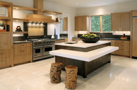 multi-level-kitchen-island-with-stump-stools Layered Kitchen, Multipurpose Kitchen Island, Modern Kitchen Island Design, Custom Kitchen Island, Kitchen Island Table, Modern Kitchen Island, Eclectic Kitchen, Kitchen Island With Seating, Diy Kitchen Island