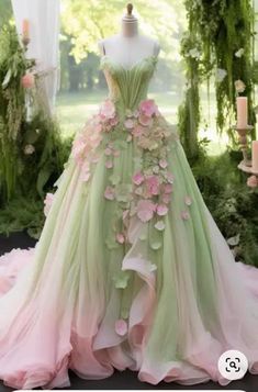 Pink And Green Dresses, Green Fairy Core Dress, Flower Dress Design, Pink And Green Dress, Green Wedding Dresses, Fantasy Princess, Fantasy Dresses, Family Tradition, Fantasy Gowns