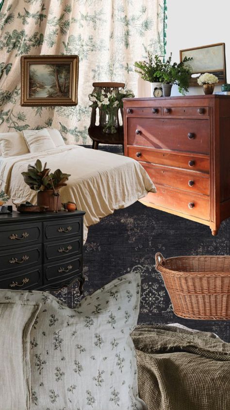 Cottagecore Bedroom Black Furniture, Folk Bedroom Aesthetic, Small Cottage Core Bedroom, Fall Cottagecore Bedroom, Cottagecore Remodel, Little Women Bedroom Aesthetic, Cottagecore Master Bed, Moody Cottage Core Bedroom, Green Cottagecore Bedroom