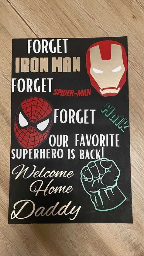 Marvel homecoming sign Soldier Homecoming Signs, Welcome Home Signs For Military, Deployment Homecoming Signs, Military Homecoming Signs, Soldier Homecoming, Welcome Home Soldier, Homecoming Poster Ideas, Deployment Ideas, Homecoming Decorations