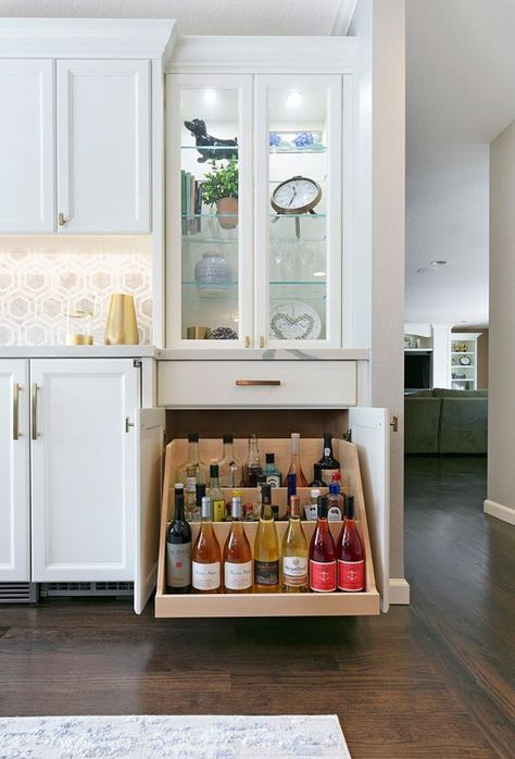 Dining Room Bar Nook, Kitchen White Shaker Cabinet Wood Floor, Built In Wine Fridge Dining Room, Kitchen Drink Bar Ideas, Built In Wet Bar Kitchen, Dry Bar Ideas Dining Room, Built In Bar Cabinet Storage Cabinets, Wet Bar Upper Cabinets, Built In Buffet Bar Dining Room