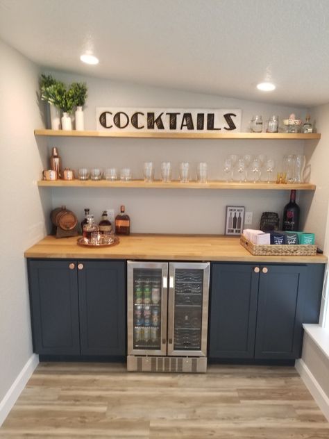 Basement Bar And Entertainment Area, Snack Bar Wall Ideas, Small Space Bar, Makeshift Bar Area, Ikea Home Bar Ideas, Small Bar Space Ideas, Basement Bar Floating Shelves, Small Home Bars, Dry Bar With Floating Shelves