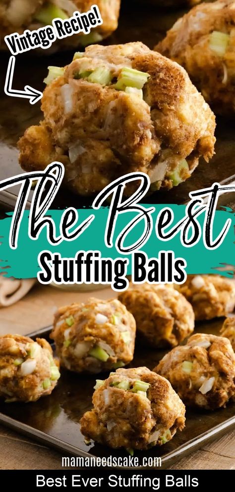 These delightful stuffing balls make for a perfect holiday side dish, giving each guest their own scrumptious serving of flavorful and tender stuffing! This family recipe is a family favorite during the holiday season and it's an absolute must for our Thanksgiving dinner. Stuffing Balls Recipe, Best Stuffing, Stuffing Balls, Thanksgiving Food Sides, Best Thanksgiving Recipes, Easy Stuffing, Thanksgiving Stuffing, Thanksgiving Dishes, Stuffing Recipes