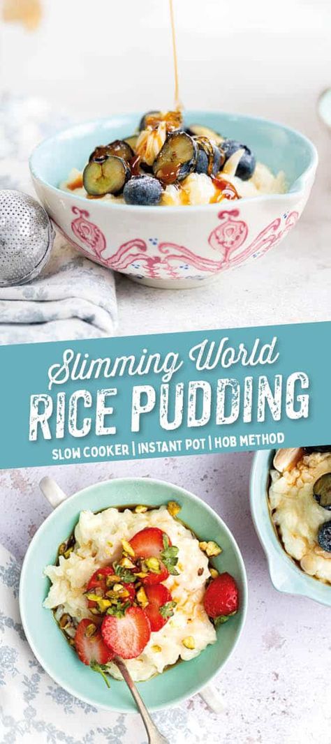 This comforting Rice Pudding is like a hug in a bowl! Rich and satisfying and yet Syn Free - the perfect Slimming World dessert if you are craving something sweet | Supergolden Bakes Syn Free Desserts, Slim Recipe, Slow Cooker Rice Pudding, Pudding Rice, Rice Puddings, Slimmers World Recipes, Creamed Rice, Chicory Recipe, Lemon Dessert