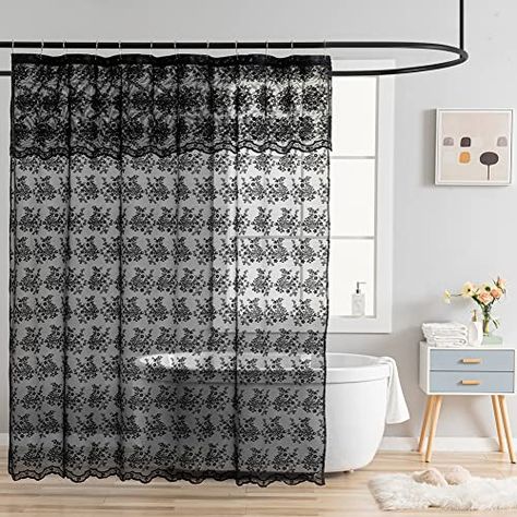 Sheer Shower Curtain, Goth Bathroom Decor, Curtains With Attached Valance, Lace Shower Curtain, Gothic Bathroom Decor, Lace Shower Curtains, Bathroom Victorian, Gothic Bathroom, Halloween Bathroom Decor