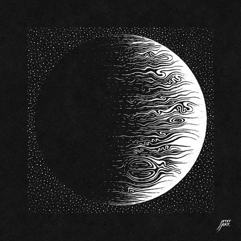 Justin Estcourt, Jupiter Illustration, Jupiter Drawing, Black Paper Drawing, Music Drawings, Space Artwork, White Gel Pen, Ink Illustration, Paper Drawing