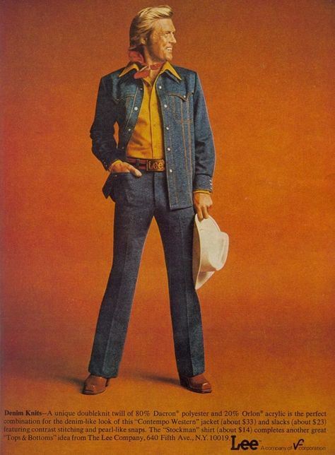 1970s Lee Adverts from Denim Leisure Suit Hell - Flashbak Hollywood Suits, 1970s Mens Fashion, 70s Fashion Men, 70s Men, 70s Denim, Bad Fashion, Denim Suit, Leisure Suit, Vintage Mens Fashion