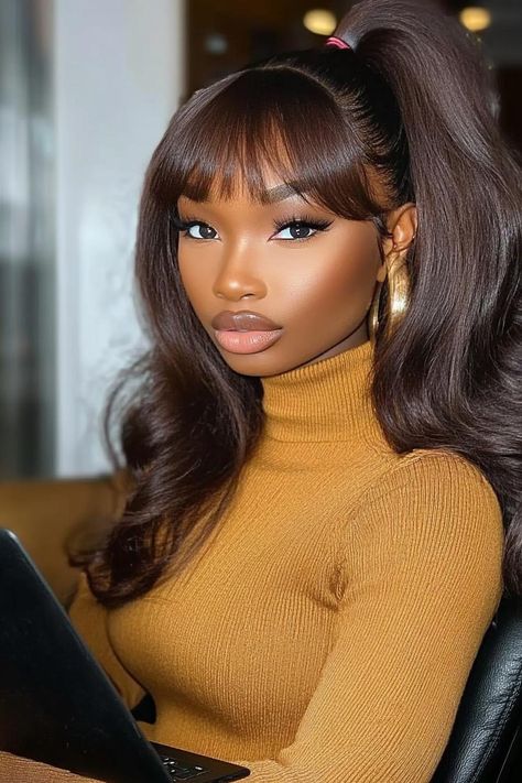 winter hair, black women, hairstyles Wig With Bangs For Black Women, Ponytail With Bangs For Black Women, Winter Hairstyles For Black Women, Ponytail Hairstyles For Black Women, Ponytail With Bangs, Bangs For Black Women, A High Ponytail, Brown Hair Shades, Wavy Bob Haircuts