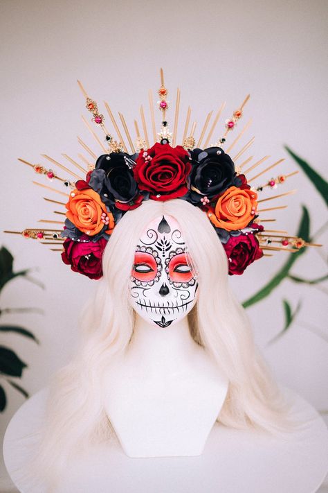 Catrina Flower Crown, Halo Crown, Halloween Flowers, Flower Halo, Halloween Headband, Candy Skulls, Costume Halloween, Day Of The Dead, Dia De Muertos