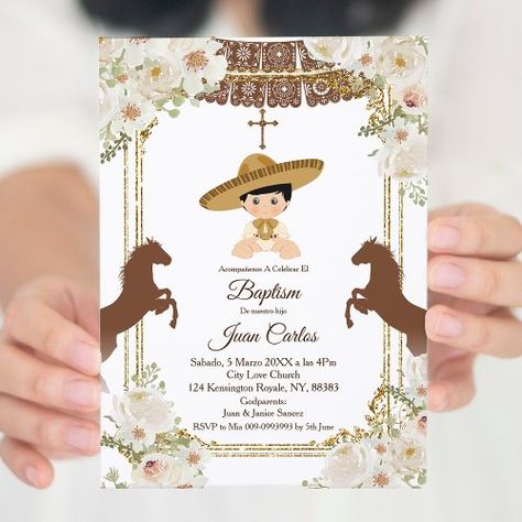 $2 | Cute Brown Mexican Boy Horse Baptism - baptism christening invitation, baptism christening, baptism invitation, invitacion fiesta bautizo, charro baptism invitations, charro baptism, mexican theme, brown fiesta, brown fiesta baptism, mexican boy brown baptism Charro Baptism, Christening Invitation, Mexican Theme, Baptism Invitation, Baptism Invitations, Christening, Cake Toppers, Horses, Stationery