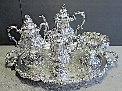 Antique-Sterling-Silver-Tea-Coffee-Set-Tray Tea Set Decor, Silver Plated Tea Set, Silver Teapot, Antique Floral, Silver Tea, Coffee Pots, Coffee Set, Pot Sets, Coffee Pot